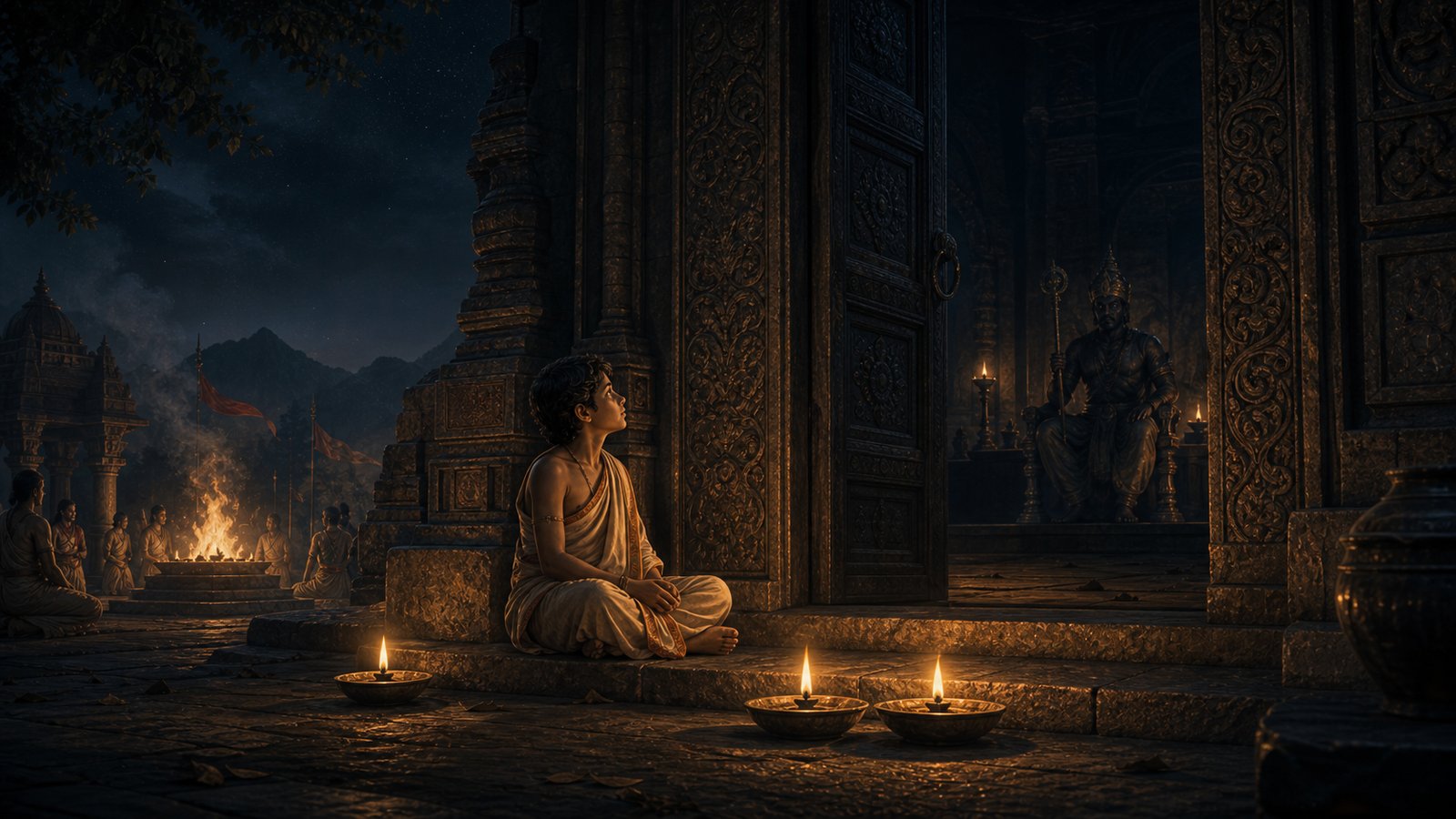 Young Nachiketa sitting patiently in meditation outside the grand entrance of Yama’s abode, with three oil lamps glowing in the foreground as he waits to question the Lord of Death.