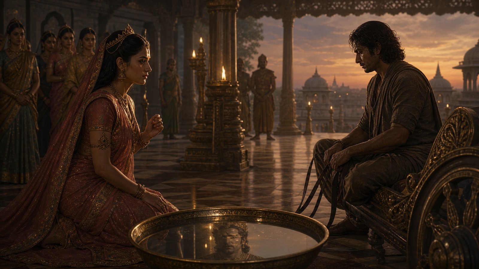 Damayanti gazes at the reflection of Nala in a bowl of water, recognizing him despite his disguise as the charioteer Bahuka.