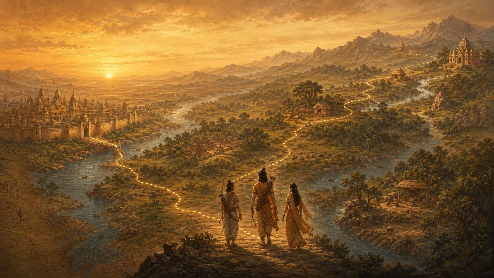 Rama Sita Lakshmana walking into forest exile barefoot with determination Ramayana journey begins