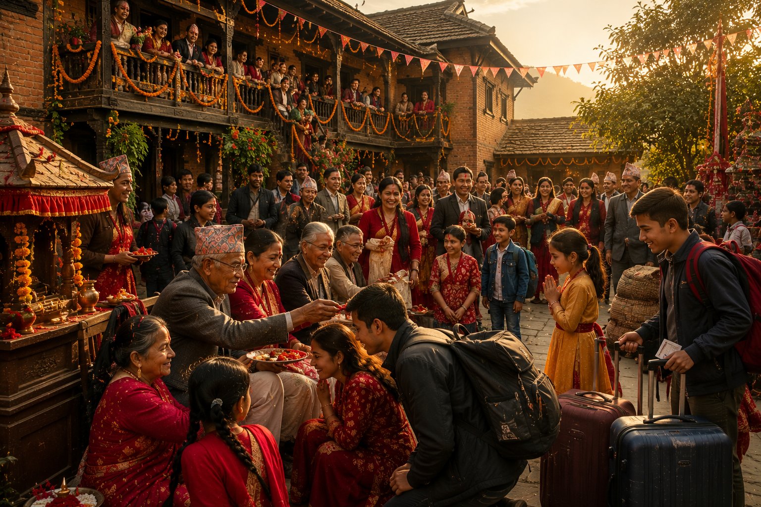 चाडपर्वको अवसरमा परम्परागत आँगनमा अग्रजहरूबाट टीका र आशीर्वाद थापीरहेका परिवारका सदस्यहरू।
