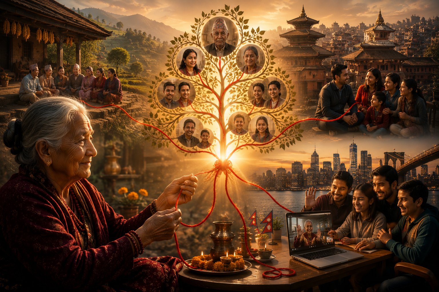 एक वृद्ध नेपाली महिलाले रातो धागोले चम्किलो पारिवारिक रुख (Family Tree) र भिडियो कलमार्फत विदेशमा रहेका परिवारका सदस्यहरूलाई जोड्दै गरेको प्रतीकात्मक तस्बिर।