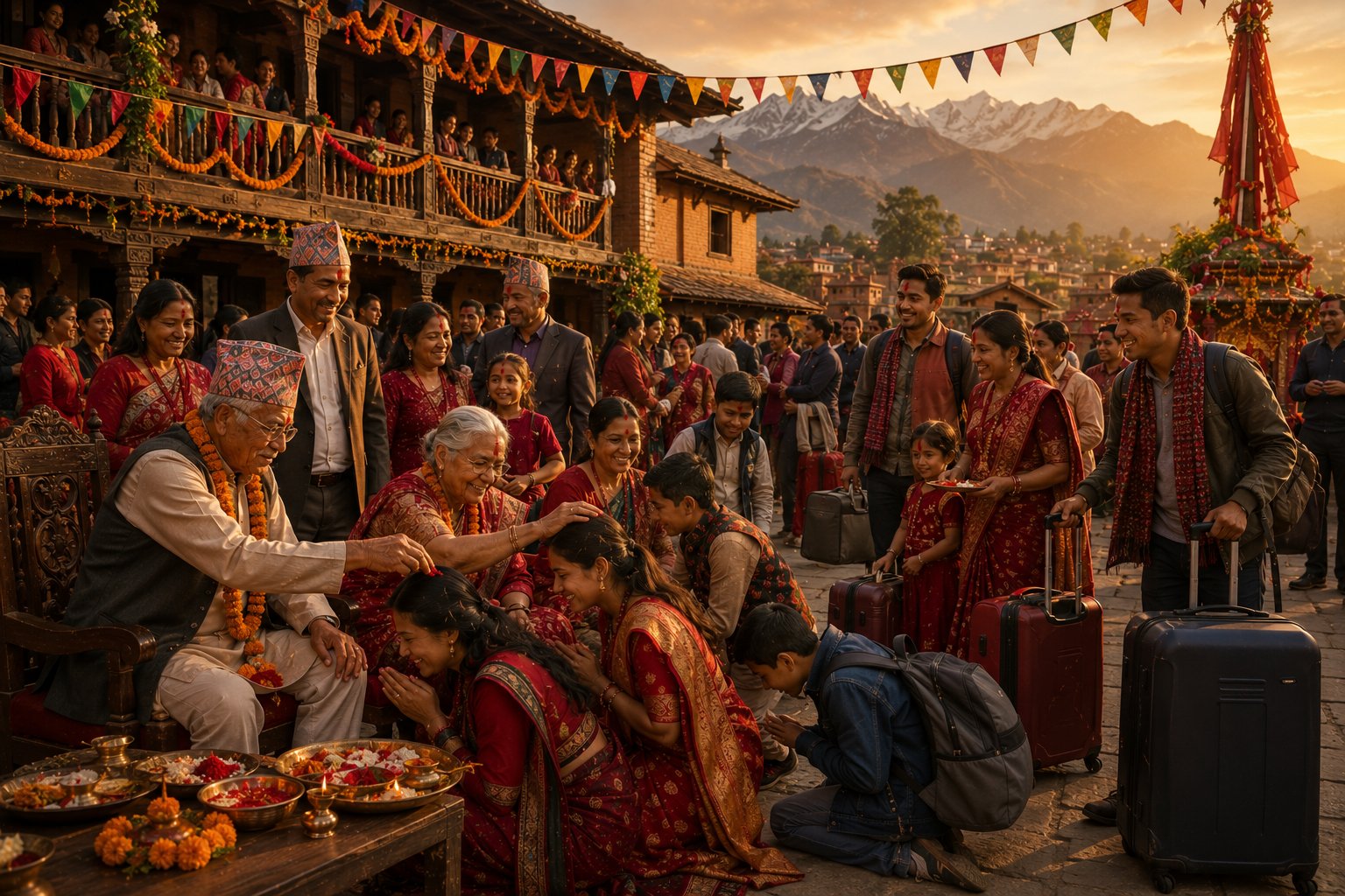 An extended Nepali family gathered in a courtyard during Dashain, where elders apply tika and jamara to younger family members amidst traditional brick architecture and luggage.