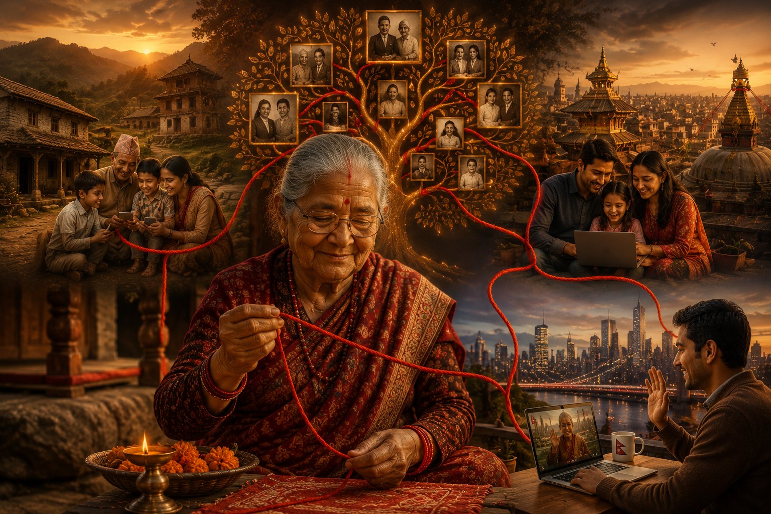 An elderly Nepali woman weaves a red thread connecting branches of a glowing digital family tree, while modern family members across villages, cities, and overseas video calls are linked by the thread.