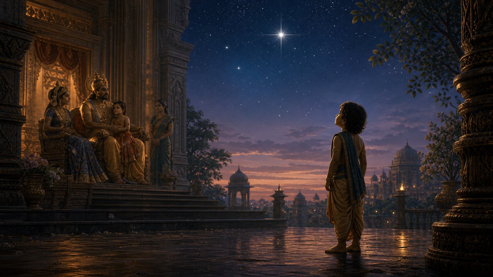 Young Prince Dhruva looks toward the North Star in the twilight sky, standing apart from his father, King Uttanapada, who sits on a throne with his favored wife and son.