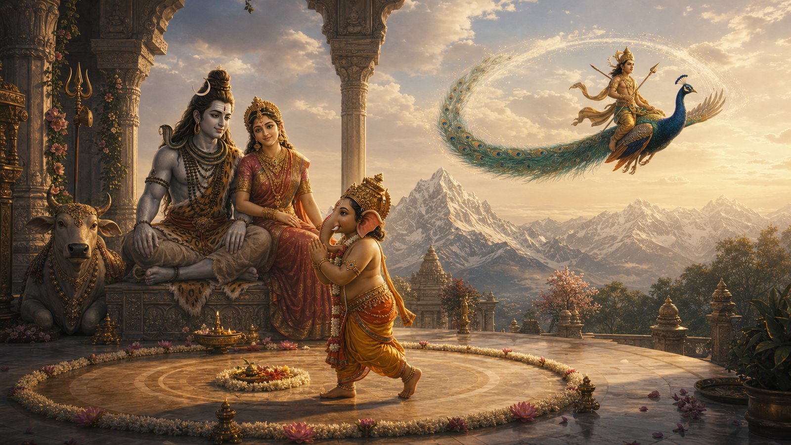गणेश र कार्तिकको प्रतियोगिता: एउटा भाइले आफ्नो माता-पितालाई संसार मानेर परिक्रमा गर्दैछन्, अर्को भाइले मयूरमा चढेर पृथ्वीको यात्रा गर्दैछन्