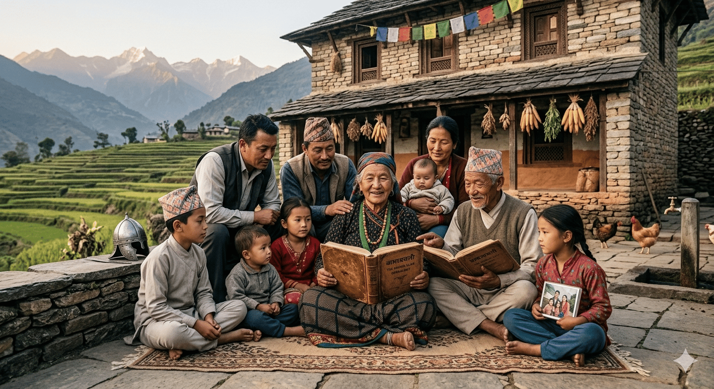 An elderly Magar grandfather wearing a traditional Dhaka topi points to a Bamsawali book while reading with two attentive young children in a mountain village.