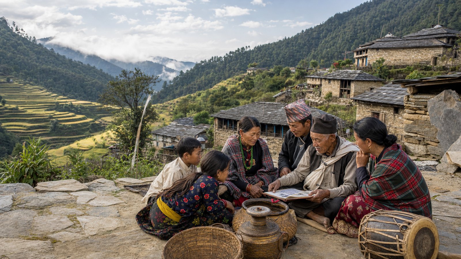 A multi-generational Magar family gathers on a stone-paved mountain terrace in traditional dress, reading from an open book, with terraced fields and traditional stone homes in the background.