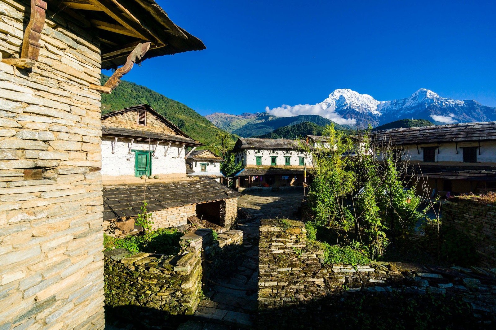 A scenic view of traditional stone houses in a historic mountain village in Nepal, featuring stone walls, slate roofs, and lush green vegetation with snow-capped Himalayan peaks rising in the background.