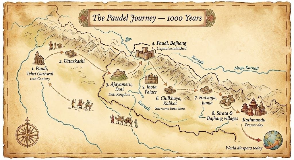"Ancient migration map showing Paudel surname origin from Paudi Tehri Garhwal to Bajhang Nepal to all the way to kathmandu Valley""