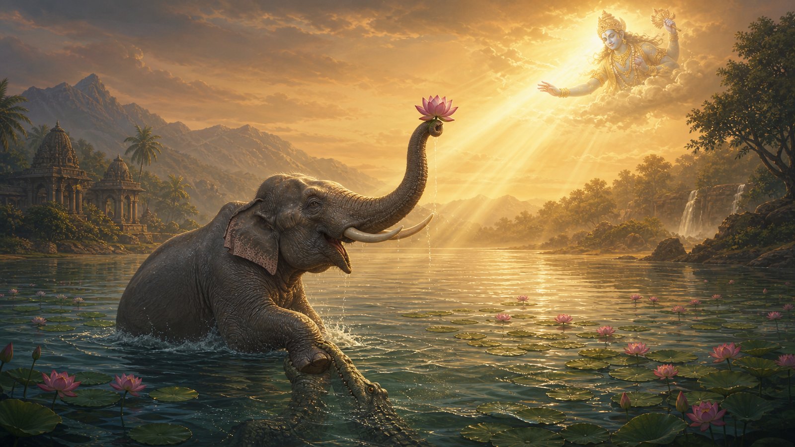 Gajendra, the elephant king, caught in the grip of a crocodile, raises a lotus flower in his trunk toward Lord Vishnu, who descends from the heavens in a golden light to provide divine rescue.