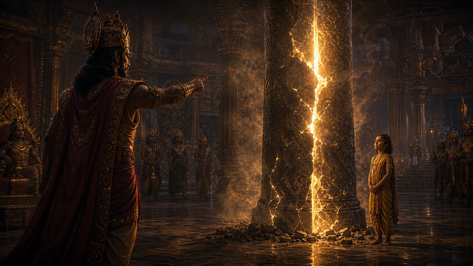 the demon king Hiranyakashipu points aggressively toward a massive, glowing, cracked stone pillar, while his young son, Prahlada, stands calmly before it in quiet devotion.