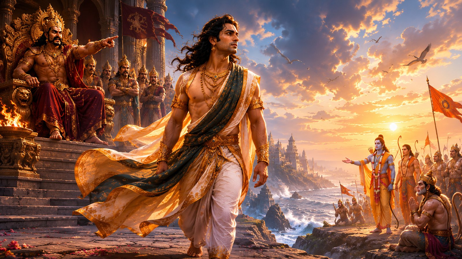 Vibhishana heads toward Rama and his army waiting across the sea at sunset.