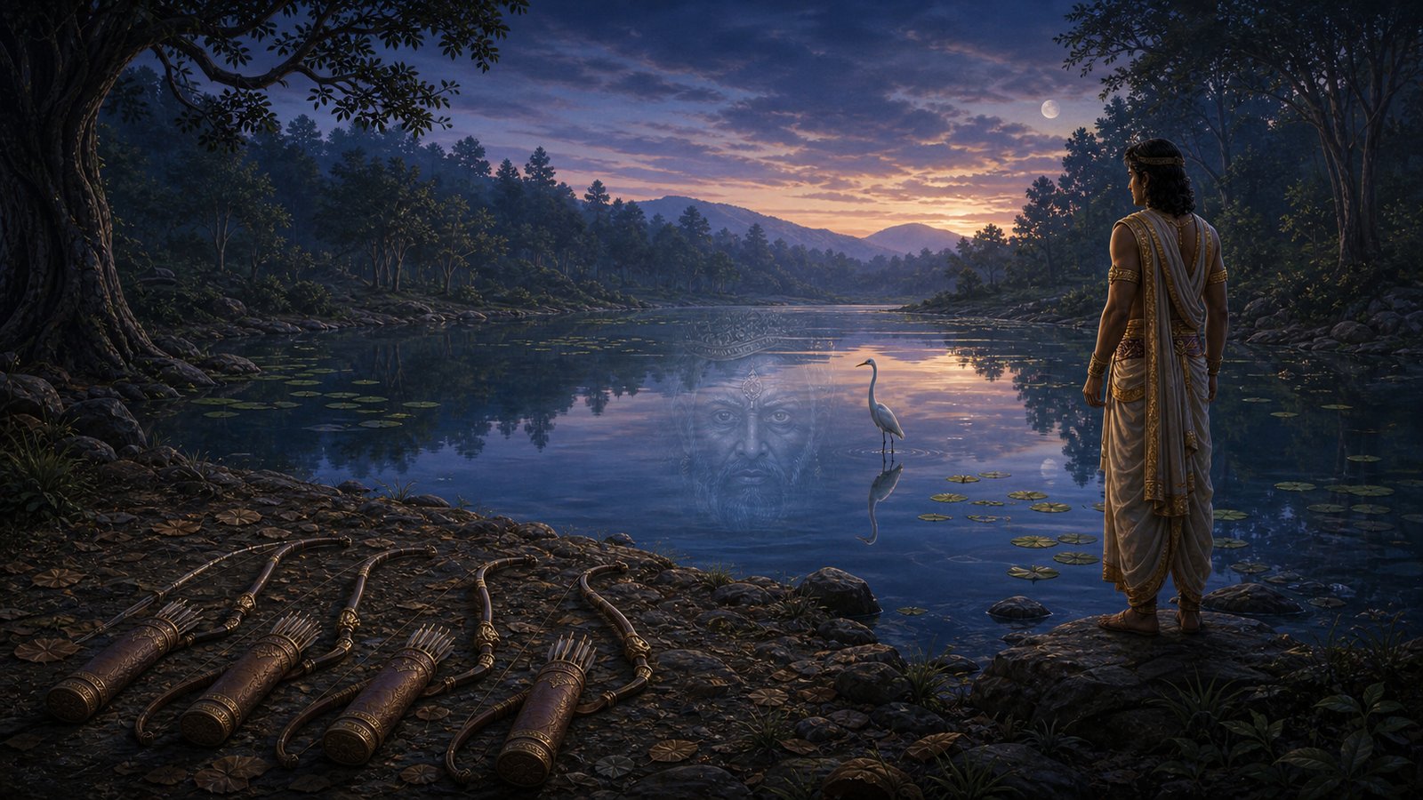 Yudhishthira stands by a forest lake at dusk, his brothers' bows lying on the shore as the face of the Yaksha reflects in the still water.