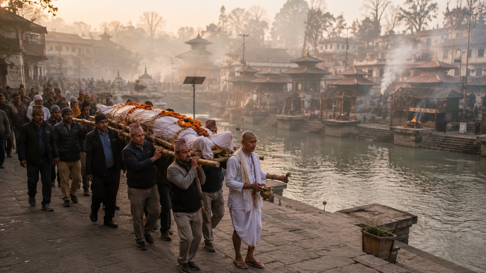 घाटतर्फ शव बोकेर जाँदै गरेका मलामीहरूको समूह, जुन हिन्दू परम्पराको अन्त्येष्टि संस्कारको एक महत्वपूर्ण पाटो हो।