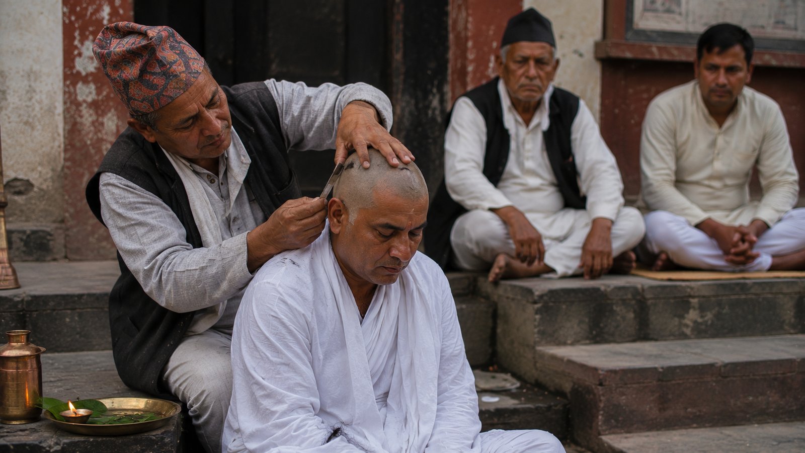 मृत व्यक्तिको नाममा काजक्रिया गर्ने मुख्य  (कुरुवा) ले आफ्नो टाउको मुण्डन गर्दै गरेको भावुक दृश्य।