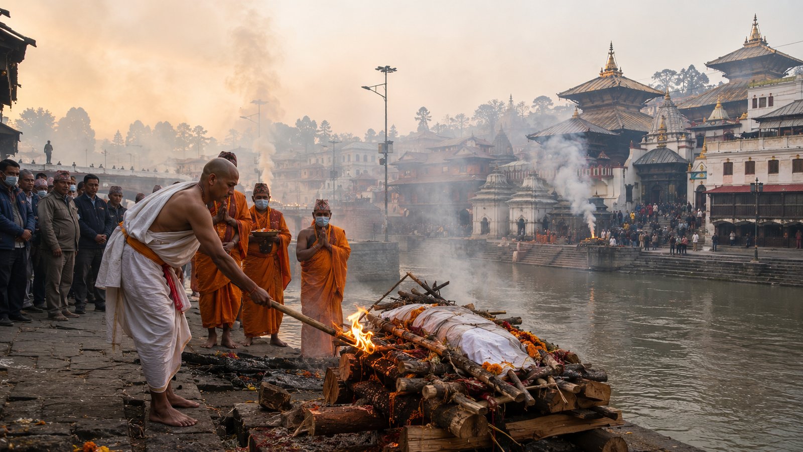 A traditional Hindu funeral pyre burning beside a holy river in Nepal, depicting the final rites and antyeshti customs of Brahmin and Kshetri communities